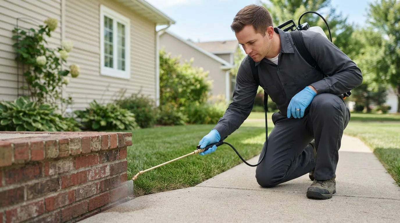 Pest control technician treating a home near Martinsville, VA